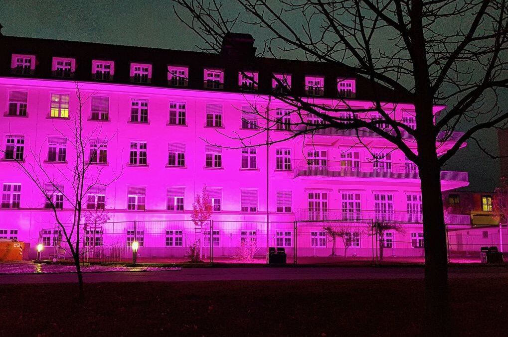 Fokus auf die Allerkleinsten im Klinikum Chemnitz - Ein Haus der Klinik für Kinder- und Jugendmedizin wurde in dieser Woche zum Welt-Frühgeborenen-Tag violett beleuchtet. Foto: Klinikum Chemnitz