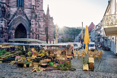 Freiburg: Schlemmen und Schlendern im Breisgau-Frühling - Münsterplatz: Hier findet täglich außer sonntags der Münstermarkt statt.