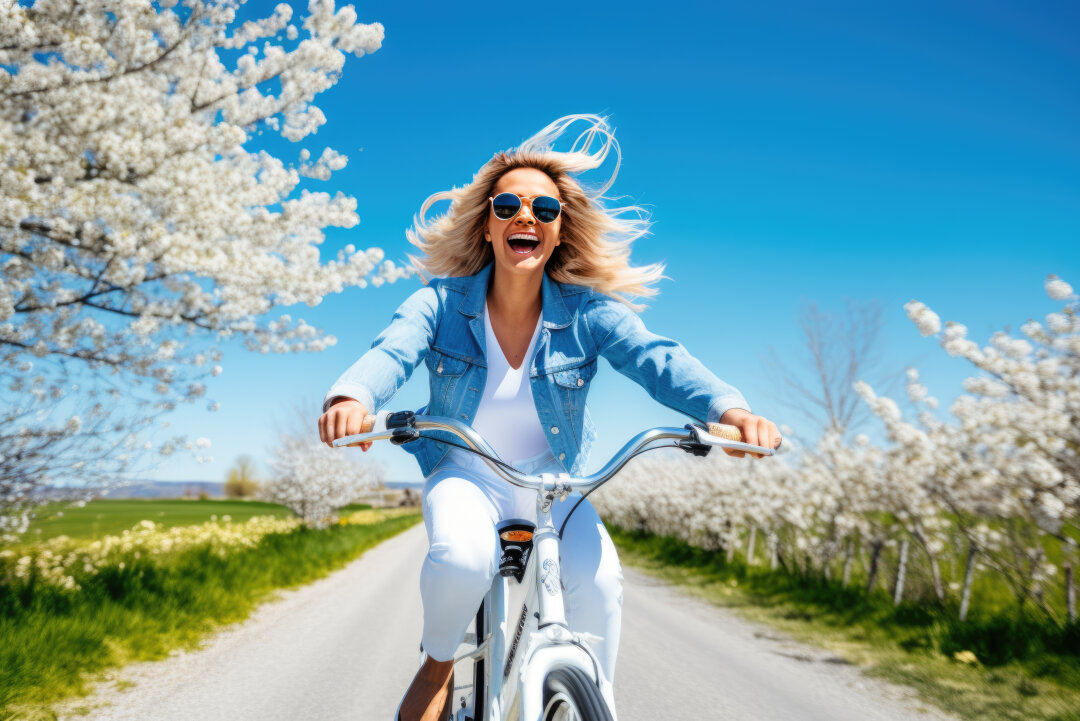 Frau fährt mit dem Fahrrad auf einer Straße, die von blühenden weißen Kirschbäumen gesäumt ist. Der Himmel ist blau.