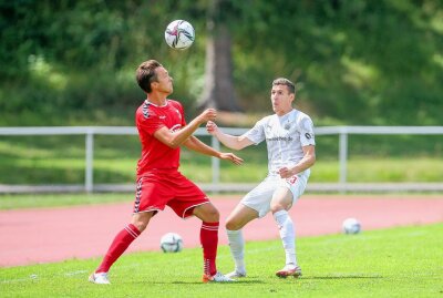 FSV Zwickau gewinnt Testspiel gegen Meuselwitz mit 2:0 - Luca Bürger / Buerger (6, Meuselwitz) und Marius Hauptmann (23, Zwickau). Foto: Gabor Krieg