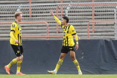 FSV Zwickau verliert Kellerduell deutlich - Tor für Dortmund. Justin Njinmah trifft zum 2:0 und jubelt mit den Teamkollegen. Foto: PICTURE POINT / Jan Fromme