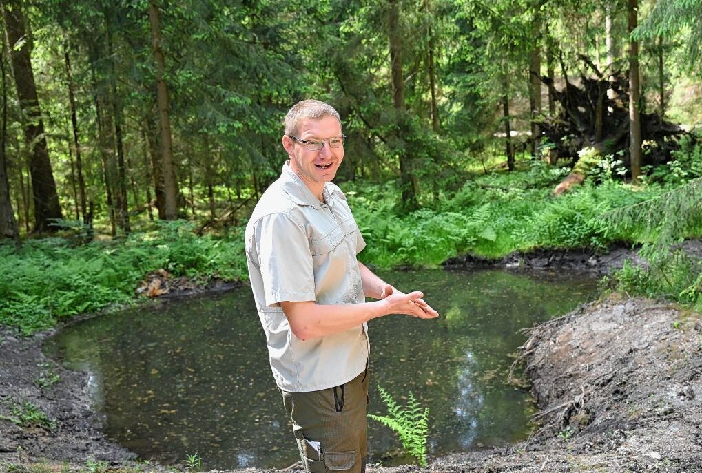 Gewässer spielen in Wäldern eine wichtige Rolle - Laichgewässer, wie dieses sind im Forstbezirk Eibenstock zahlreiche angelegt worden - im Bild Alexander Clauß, Leiter im Forstrevier Schönheide. Foto: Ralf Wendland