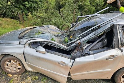 Gewitterchaos in Plauen: Baum fällt auf fahrendes Auto - Ein Baum ist auf ein fahrendes Auto gefallen. Dabei wurde die Fahrerin im Auto eingeklemmt. Foto: Mike Müller