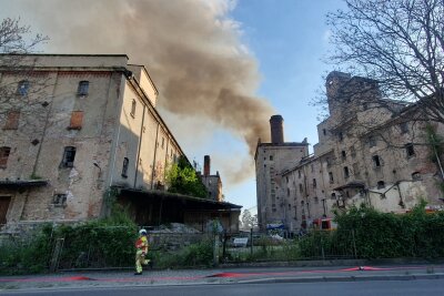 Großbrand in einer Industriebrache in Dresden: Feuer breitet sich aus -  Bereits auf der Anfahrt war ein meterhoher Rauchpilz sowie Flammen für die anfahrenden Einsatzkräfte sichtbar. Foto: Roland Halkasch