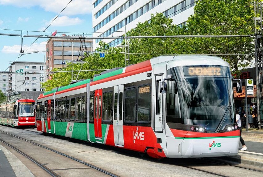 VMS beschafft 19 vollelektrische Tram-Trains für die Chemnitz-Bahn. Kosten mit neuem Betriebshof und Instandhaltung: 234,5 Mio. Euro. Foto: Stadler Studie / VMS