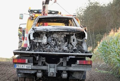 Hainichen: Brandtoter in Audi aufgefunden - Am Mittag wurde die Polizei zu einem ausgebrannten PKW Audi in einem Maisfeld gerufen. Foto: Harry Haertel