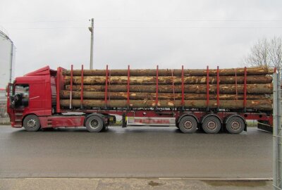 Holztransporter um elf Tonnen überladen: Weiterfahrt gestoppt - Der Transporter war um etwa 27 Prozent überladen und fuhr mehr als 20 km/h zu schnell. (Foto: Polizeidirektion Chemnitz)