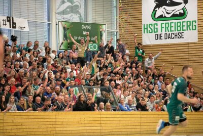 HSG Freiberg verabschiedet sich mit Heimsieg in die Sommerpause - Große Freude nach jeden Tor bei den Fans der HSG Freiberg. Foto Marcel Schlenkrich
