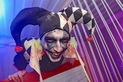 Hunderte Grusel-Fans strömten zur letzten Halloween-Party in den Freizeitpark Plohn - Ein plötzlich aus seinem Versteck springender Harlekin sorgte für Schnappatmung. Foto: Thomas Voigt