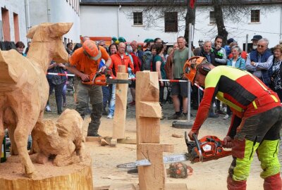 Kettensäge-Künstler sorgen in Gelenau für Staunen - Los ging es immer mit einem simplen Holzblock. Foto: Andreas Bauer
