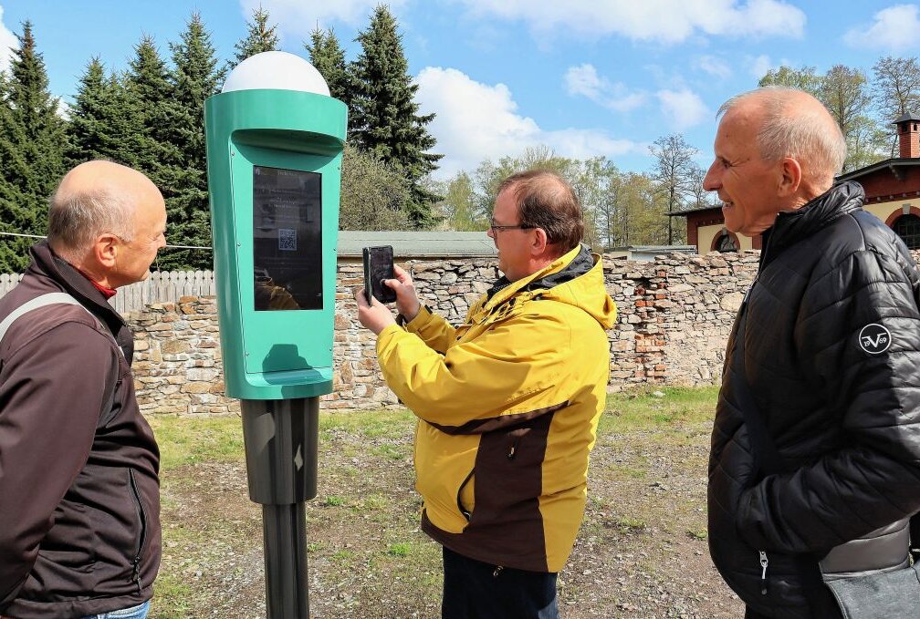 "Kontaktloses Führungssystem" in Olbernauer Saigerhütte gestartet - Udo Brückner (Mitte) erklärt Wanderleitern das System. Foto: Ilka Ruck