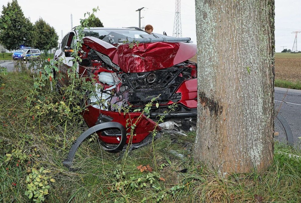 Kontrolle über Fahrzeug verloren: PKW prallt frontal gegen Baum - In Dresden kollidierte heute Morgen ein PKW frontal mit einem Baum. Foto: Roland Halkasch