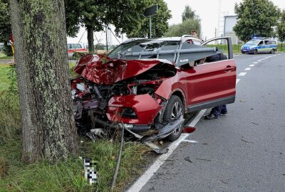Kontrolle über Fahrzeug verloren: PKW prallt frontal gegen Baum - In Dresden kollidierte heute Morgen ein PKW frontal mit einem Baum. Foto: Roland Halkasch