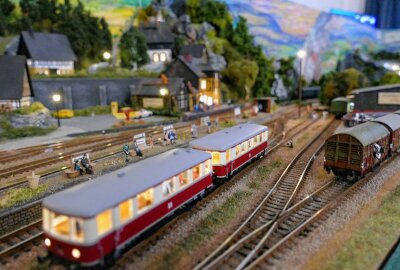 Krumhermersdorfer Miniaturversion des Erzgebirges begeistert großes Publikum - Auf den über 100 Meter langen Gleisen sind zehn Züge unterwegs sind. Foto: Andreas Bauer