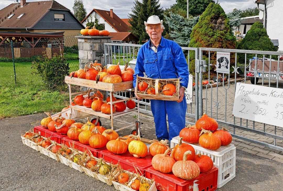"Kürbis-Egon" verkauft selbstgezogene Kürbisse am Gartentor - Egon Kunze mit seinen Hokkaido-Kürbissen. Foto: Markus Pfeifer