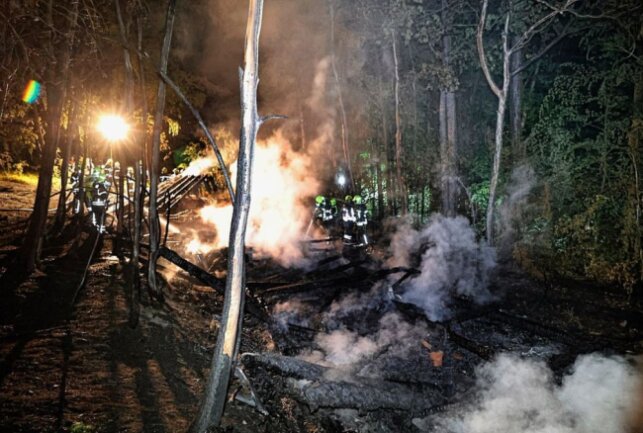 Lagerschuppen in Harthau in Flammen - Laut den Kameraden brannte im Wald ein Lagerschuppen auf zirka 10 x 20 Quadratmeter Fläche. Foto: Harry Härtel/haertelpress 