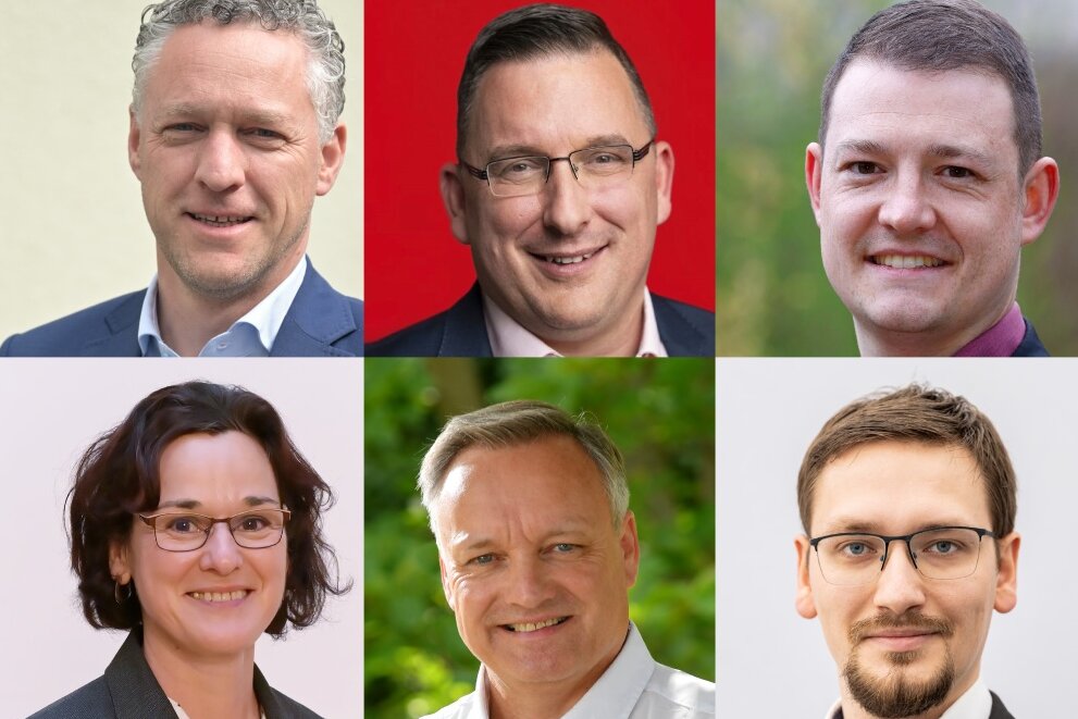Landratswahl in Zwickau: Fünf Kandidaten gehen in die nächsten Runde - obere Reihe: Carsten Michaelis (CDU), Jens Juraschka (SPD), Alexander Weiß (Die Linke); untere Reihe: Dorothee Obst (Freie Wähler), Andreas Gerold (AfD), Raphael Roch (FDP).
