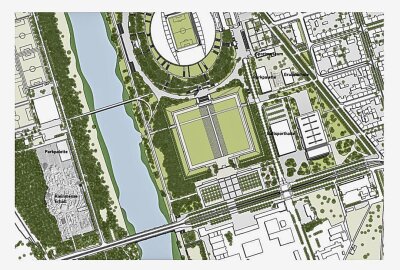 Leipzig gestaltet Areal um Stadion neu: Schule und Sporthalle geplant - Der Plan zum neuen Stadionumfeld. Foto: Stadt Leipzig