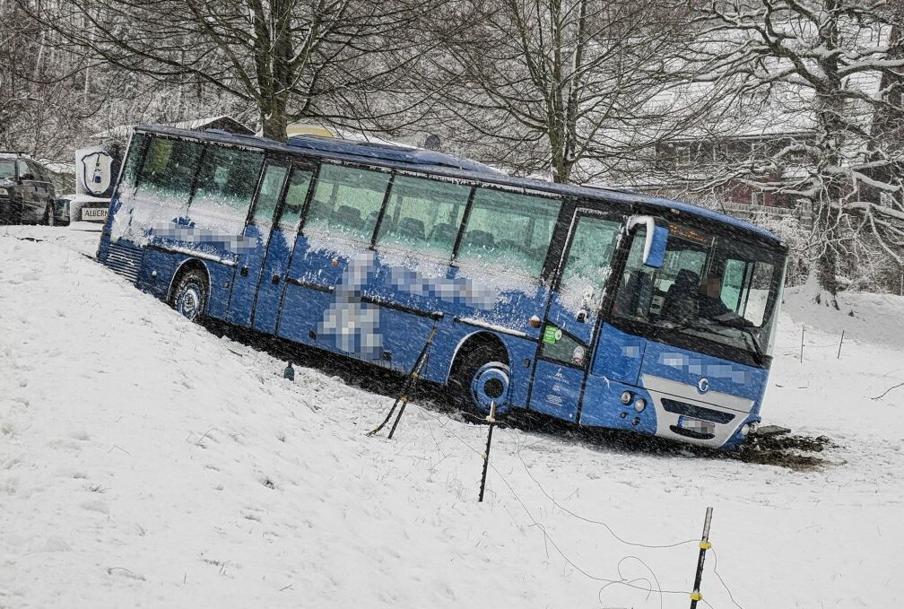 Linienbus kommt in Zschorlau von Fahrbahn ab - Der Bus rutschte den Hang hinab. Foto: Niko Mutschmann
