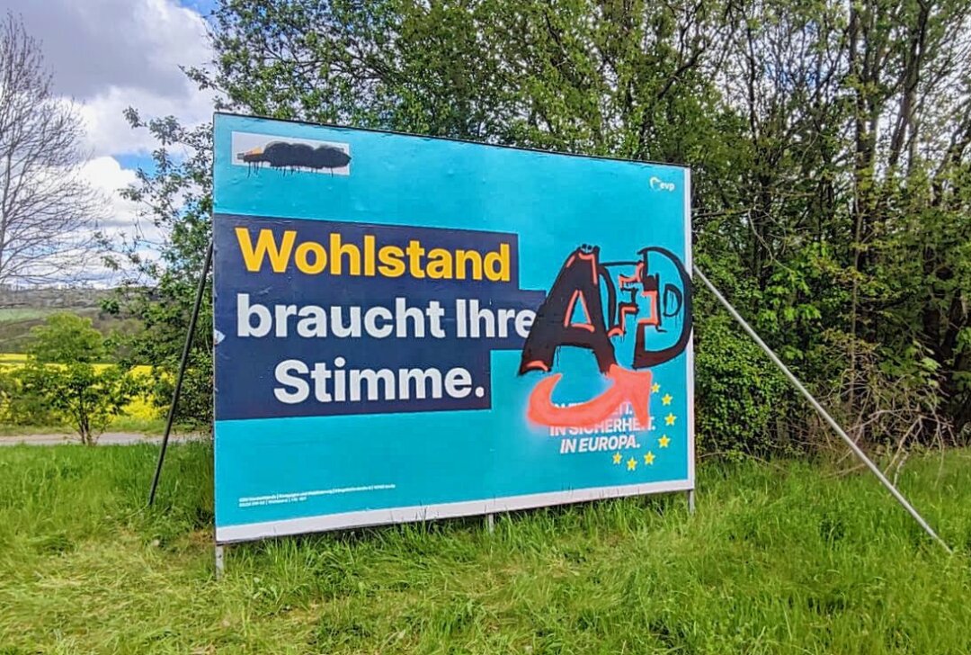 Lutz Kowalzick verurteilt Angriff auf EU-Wahlplakat in Plauen - Unbekannte haben das XXL-Plakat mit dem AfD-Logo bemalt. Das Bild 2 zeigt den Betroffenen. Foto: privat