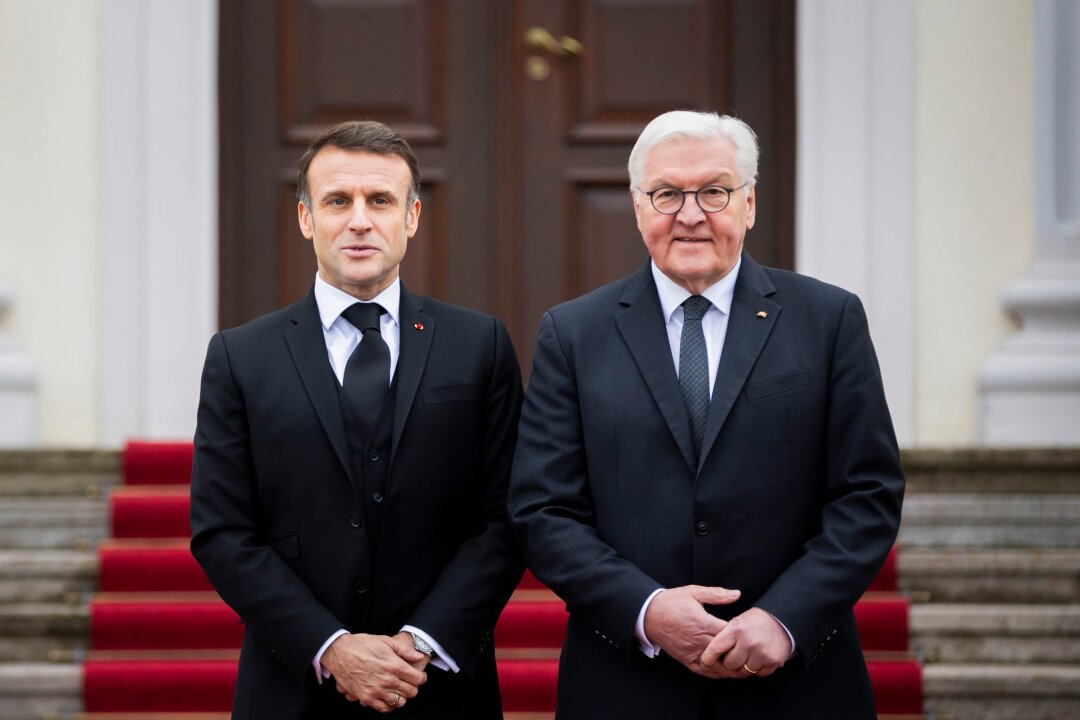 Macron holt Deutschland-Besuch nach und kommt nach Sachsen - Bundespräsident Frank-Walter Steinmeier (r) begrüßt Emmanuel Macron, Präsident von Frankreich.