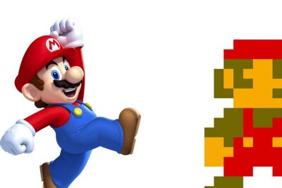 Mario, immer wieder Mario: Die bekannteste Figur der Gaming-Welt im Wandel der Zeit - Besondere Kennzeichen: klein und korpulent, Schnauzbart, rote Mütze, Latzhose. Mit diesen Merkmalen war Mario bereits in der 8-Bit-Ära (rechts) ausgestattet. Auch aus technischen Gründen: Die Latzhose und das farbige Oberteil trugen dazu bei, Marios Bewegungsabläufe deutlicher darzustellen. Die Knubbelnase und der Schnauzer erleichterten es, Marios Gesicht zu erkennen.