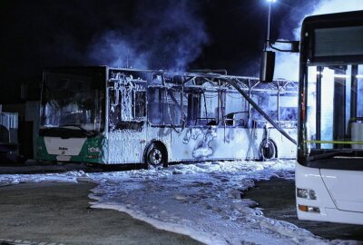 Marsdorf: Linienbus komplett ausgebrannt - Am Montagabend kam es gegen 23.55 Uhr in Marsdorf in Dresden, an der Straße Zum Birkhübel zum Brand eines Busses. Foto: Roland Halkasch