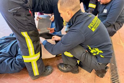 Medizinisches Personal der Feuerwehr bildet sich für den Ernstfall weiter - Eine Beckenschlinge (TPOD) wird angelegt. Foto: Daniel Unger