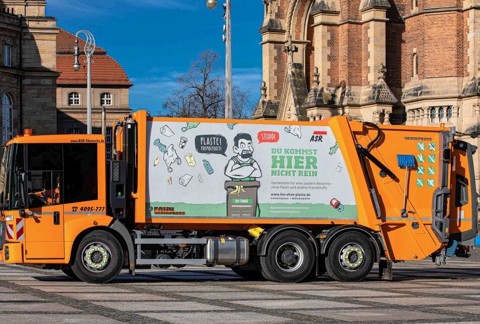 "Michi" wirbt für Bioabfall ohne Plaste - Auch in Chemnitz wirbt jetzt ein Entsorgungsfahrzeug für Biotonnen ohne Störstoffe. Foto: ASR