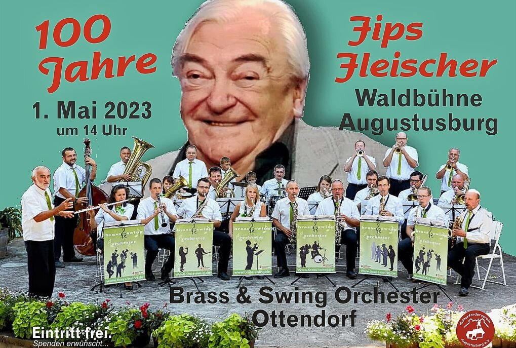 "Mister Swing": Augustusburger erinnern an Fips Fleischer - Mit einer Matinee soll an den 100. Geburtstag von Fips Flesicher erinnert werden, den der Künstler am 2. Mai 2023 hätte feiern können. Grafik: Veranstalter