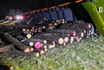 Mit Holz voll beladener LKW umgekippt: Fahrer schwer verletzt - Der Fahrer wurde bei dem Unfall schwer verletzt. Foto: Polizei Sachsen