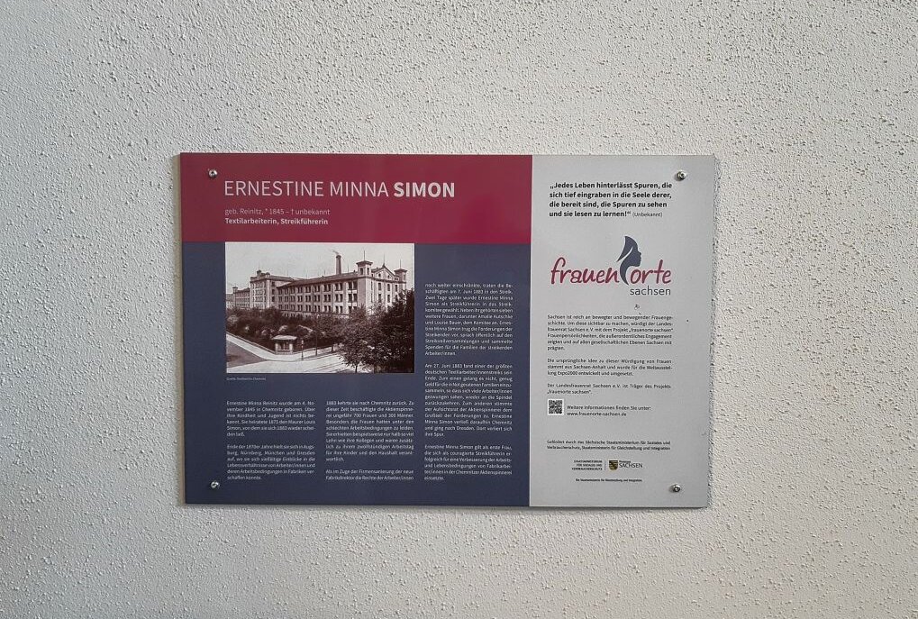 Neue Tafel macht auf Minna Simons Engagement aufmerksam - An Minna Simon erinnert jetzt eine Gedenktafel. Foto: Stadt Chemnitz