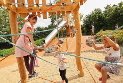 Neuer Spielplatz in Auerbachs "Vogelsiedlung" - Herumtoben zwischen gespannten Seilen und Holzelementen macht viel Spaß. Foto: Thomas Voigt