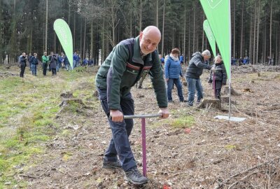 Pflanzaktion von "So geht sächsisch" und "TeamSportSachsen" gestartet - Auch Bernd Ranft, Leiter des Forstbezirkes Chemnitz, hat mit angepackt und Pflanztipps gegeben. Foto: Ralf Wendland