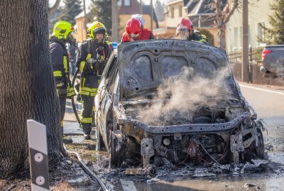 PKW-Brand in Grumbach: Auto brennt völlig aus - Auf der Hauptstraße kurz vor dem Ortseingang Grumbach geriet ein Renault im Motorbereich in Brand. Foto: B&S
