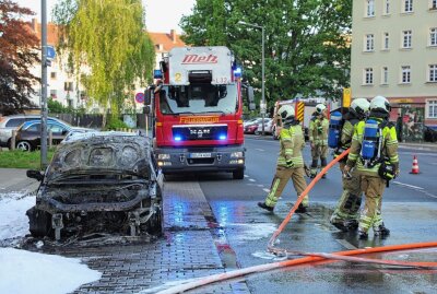 PKW brannte vollständig aus - PKW-Brand : Feuerwehr im Einsatz. Foto: Roland Halkasch
