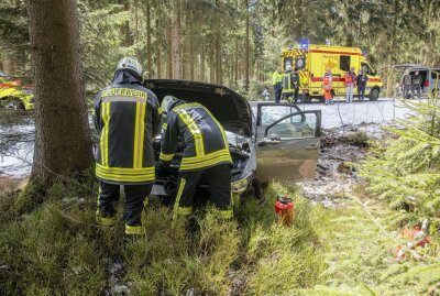PKW kommt von Fahrbahn ab und im Wald zum Stehen - Auf der Zwönitzer Straße zwischen Geyer und Zwönitz kam es heute zu einem Unfall. Foto: B&S/Bernd März