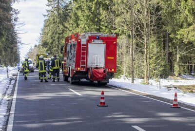 PKW kommt von Fahrbahn ab und im Wald zum Stehen - Auf der Zwönitzer Straße zwischen Geyer und Zwönitz kam es heute zu einem Unfall. Foto: B&S/Bernd März