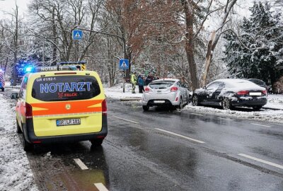PKW schießt über Verkehrsinsel in parkendes Auto - Am Sonntagmorgen rückte die Feuerwehr, sowie Rettungsdienst und Polizei zu einem Unfall auf der Dr.-Kahlbaum-Allee in Görlitz aus. Foto: LausitzNews/ Niclas Bittrich