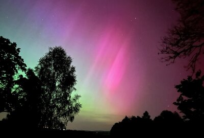 Polarlichter in Sachsen: Himmel leuchtet pink, lila und grün - Auch im Erzgebirge strahlte der Himmel. Diese Polarlichter sah man in Lößnitz oberhalb des Schieferlochs. Foto: Daniel Unger