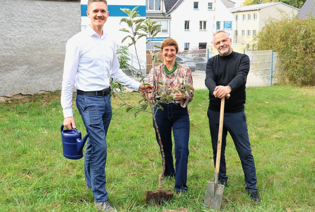 Preisgekrönte Unternehmerin bekommt Hilfe vom Landrat - Beim Einpflanzen des Apfelbaums bekam Heike Sigg (Mitte) Hilfe durch Sven Reinhold (l.) und Landrat Dirk Neubauer (r.). Foto: Knut Berger