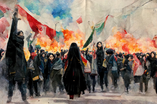 Frauen verbrennen Kopftücher in einer Menschenrechtsbewegung für ein Ende des islamischen Regimes.