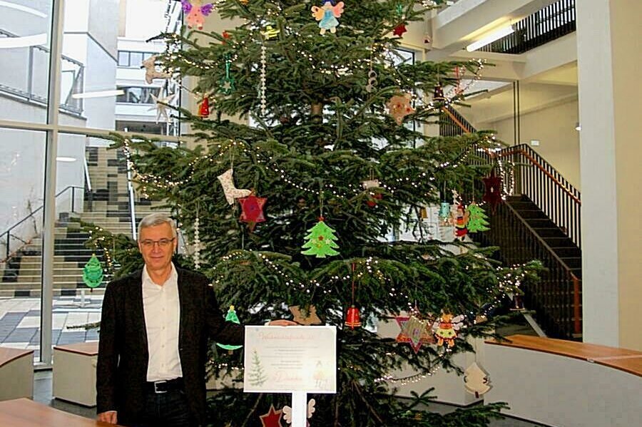 Mit Basteleien von Reicherbacher Schulkindern ist der Weihnachtsbaum geschmückt worden. Foto: Landratsamt
