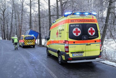 S192: LKW rutscht bei Glätteunfall in Bach - In Wilsdruff geriet ein Sattelzug Mercedes-Benz Actros auf der glatten Fahrbahn in einer Linkskurve ins Schleudern. Foto: Roland Halkasch