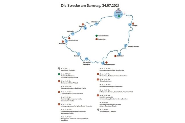 Am Samstag führt die Strecke vorbei an zahlreichen Sehenswürdigkeiten auf rund 235 Kilometern durch Westsachsen, das Erzgebirge und das Vogtland. Grafik: Veranstalter