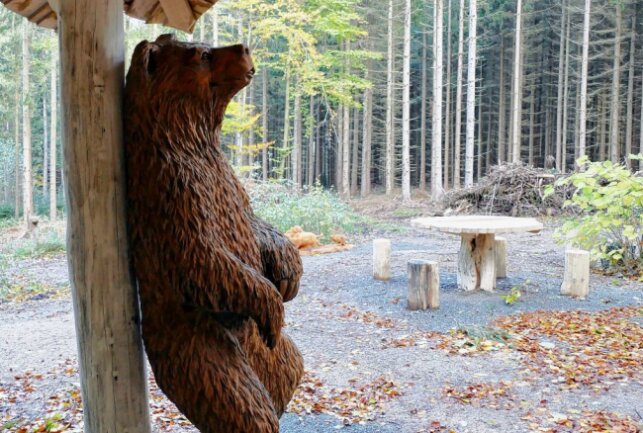 In aller Ruhe lehnt ein Bär an einem Pfahl der überdachten Sitzgruppe. Foto: Andreas Bauer