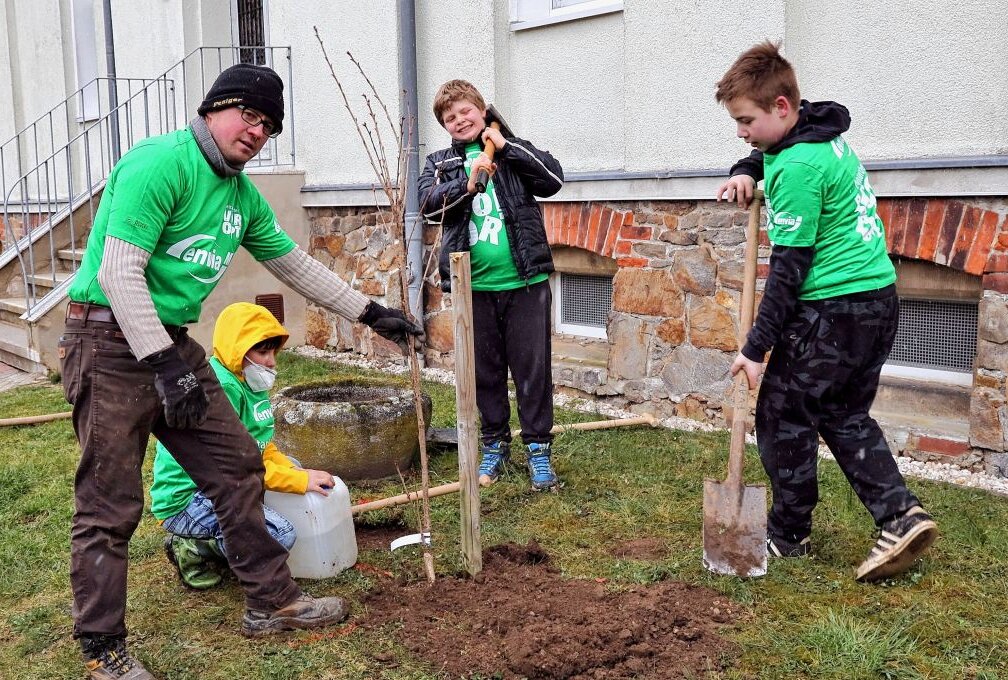 Schüler helfen bei Baumpflanzung in Arnsdorf - René Lautrich (links) pflanzt mit Schülern Kirschbäume. Foto: Andrea Funke