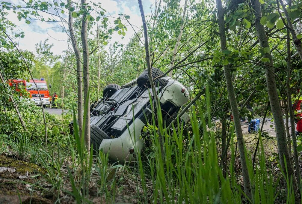 Schwerer Crash an Himmelfahrt: Auto überschlägt sich im Wald - Der Fahrer kam nach rechts von der Fahrbahn ab, riss mehrere Bäume um und überschlug sich. Foto: xcitepress