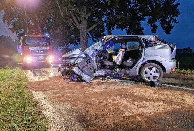 Schwerer Verkehrsunfall: Eingeklemmte Person wird von Rettungskräften befreit - Schwerer Verkehrsunfall in Hoyerswerda, bei dem eine Person eingeklemmt wurde. Foto: xcitepress