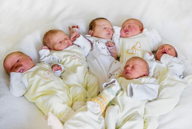 Eines der Kinder wird noch in der Neonatologie betreut, sodass nur sechs Neugeborene auf dem Foto zu sehen sind.Foto: Dorothee Sykora/ Helios Klinikum